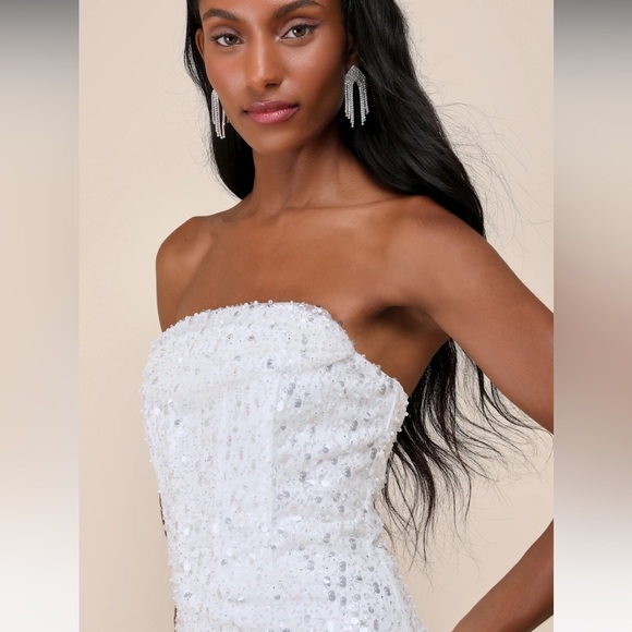White Sequin Pearl Strapless Mini Dress - Picture 6 of 8